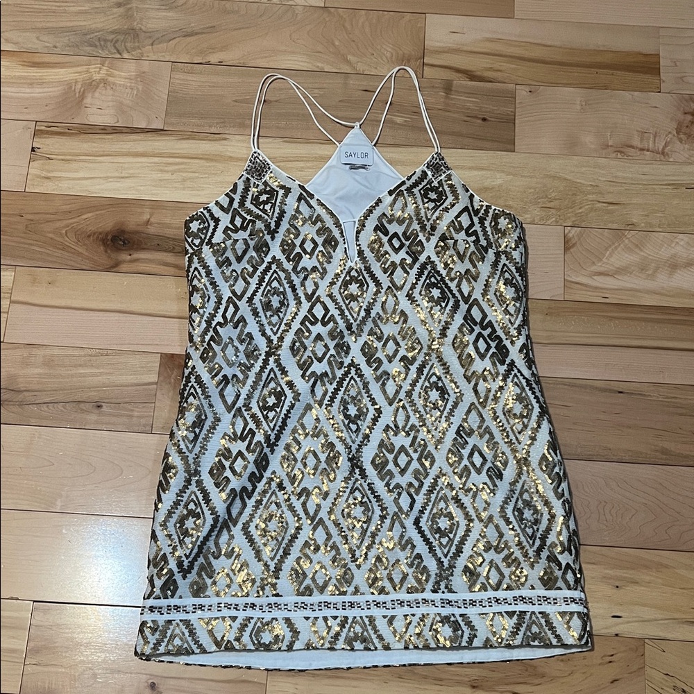 SAYLOR Gold and Black Geometric Sequin Mini Dress